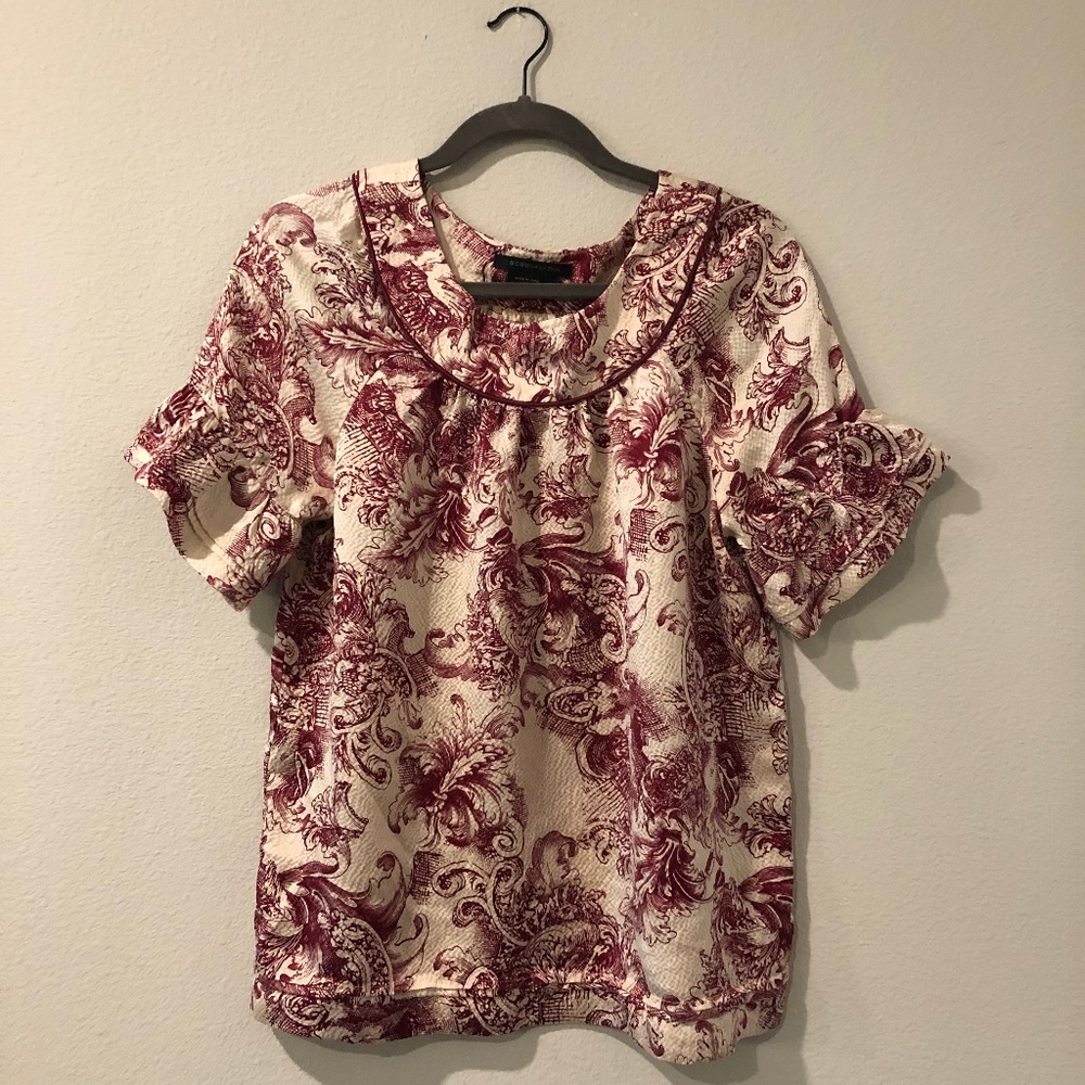 BCBGMaxAzria Cream and Red Floral 100% Silk Blouse